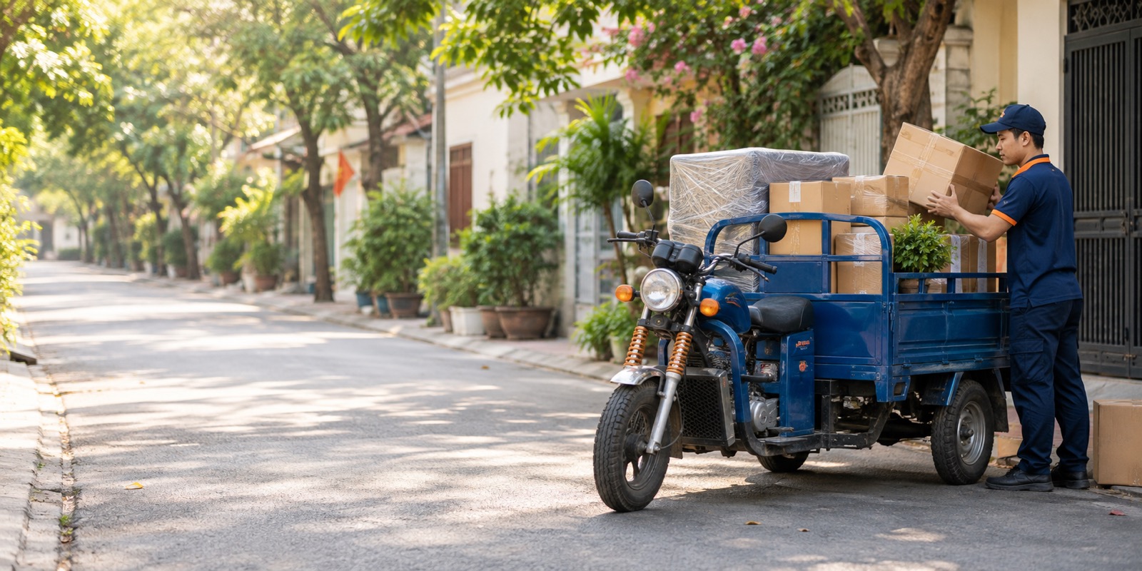 Xe ba gác chở đồ trong khu dân cư